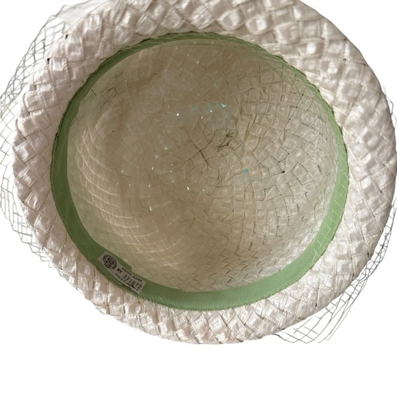 Woven Straw/Netting Cloche  Hat Bucket Style Green Ribbon 8 in Church Easter - Picture 9 of 9